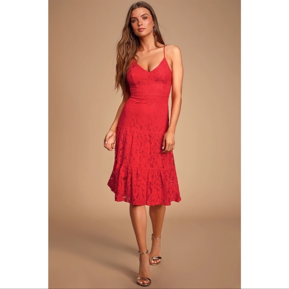 Lulus Manning Cocktail Tiered Red Lace Midi Dress
